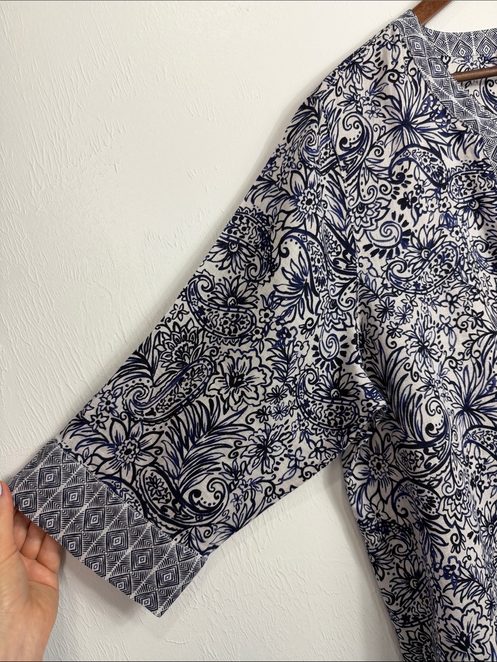 Sigrid Olsen 100% Linen Paisley Floral Tunic Blouse Blue White Plus 1X EU 46 - Picture 3 of 8
